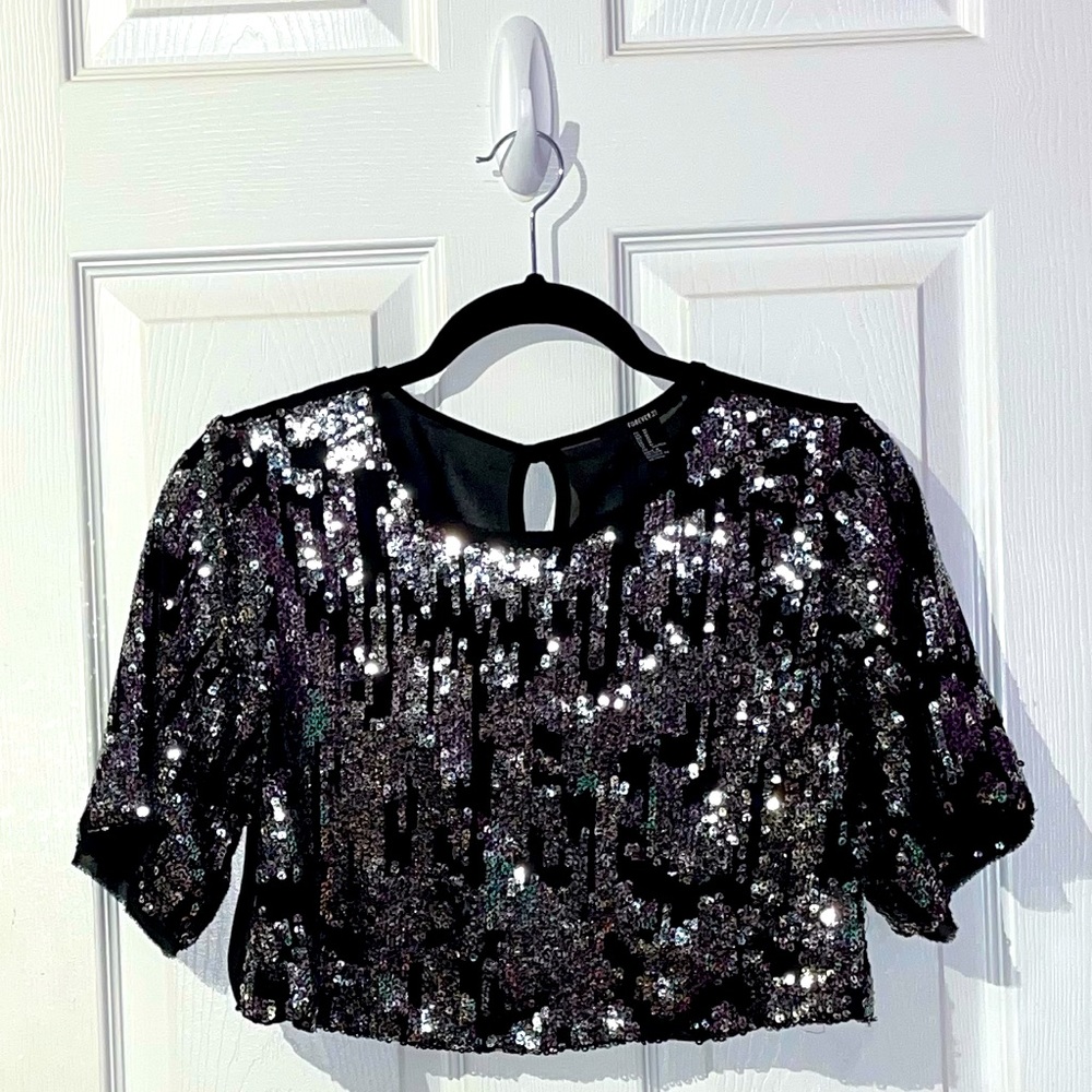 Forever 21 Sheer Mesh Black Sequin Crop Top